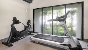 A gym with a treadmill and an elliptical machine.