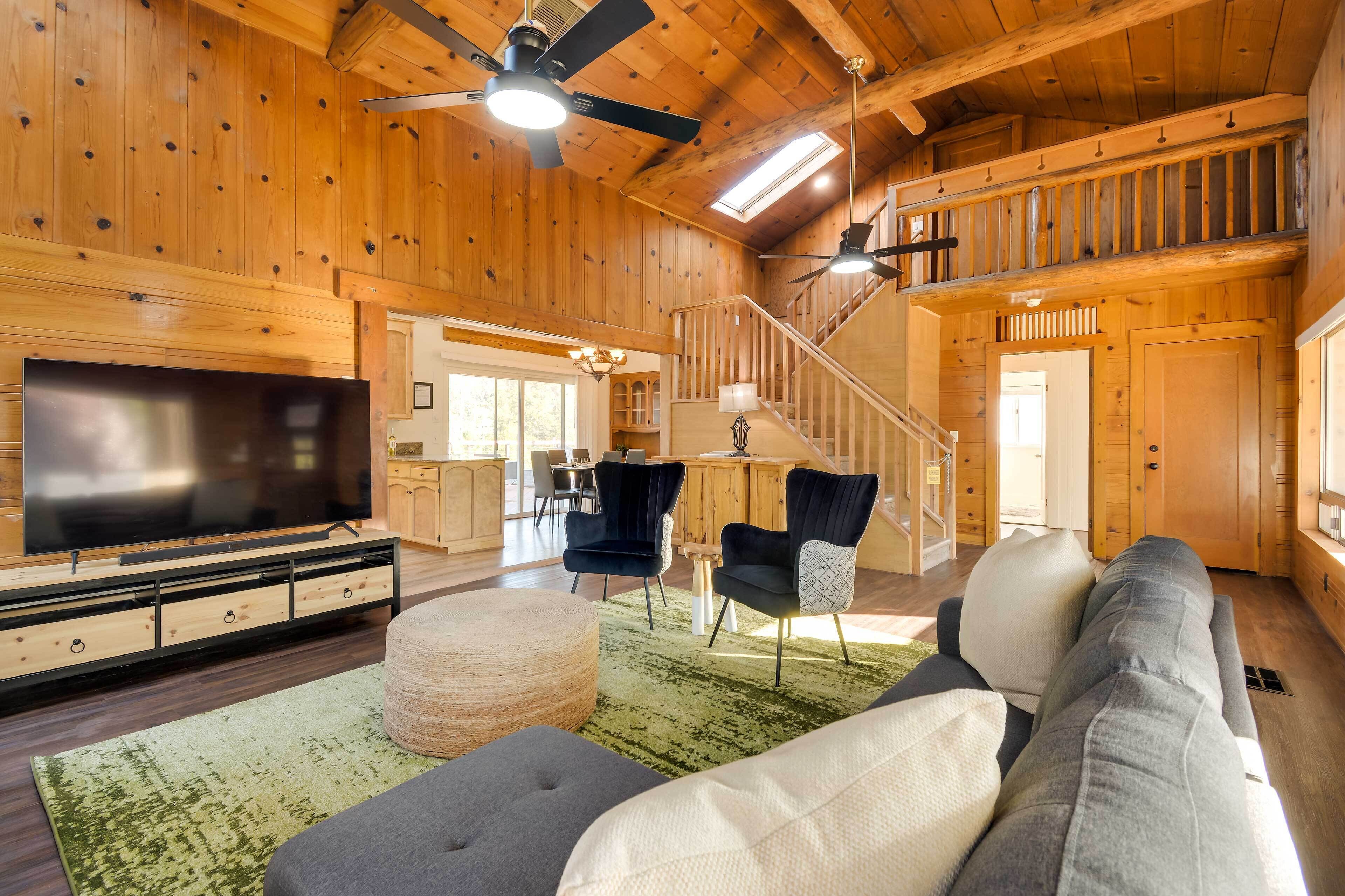 TV, fireplace, books