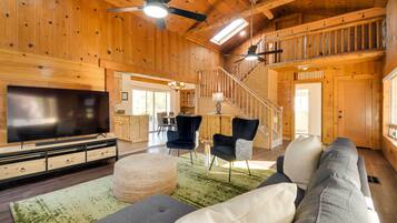 TV, fireplace, books