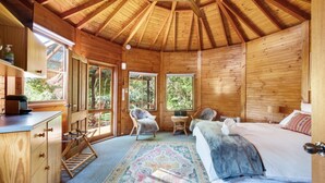 Interior de una cabaña de madera con una cama, dos sillones, una mesita y una ventana con vistas a la vegetación.