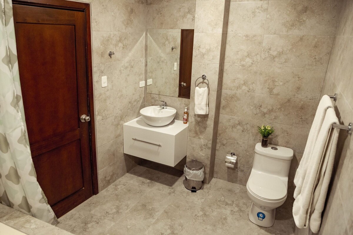 Un baño con puerta de madera, un lavamanos blanco, un espejo, un inodoro y un cubo de basura.