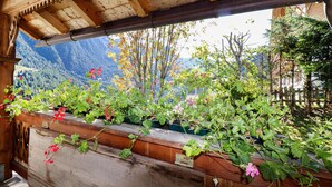 A wooden balcony with potted plants and flowers, overlooking a mountainous landscape. - Beautiful home in Sankt Sigmund with sauna (Sankt Sigmund)