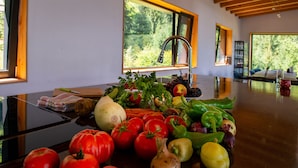 A kitchen counter with a variety of fresh vegetables and fruits, a cutting board, and a knife. - Veranda 4M  property (Colibita)