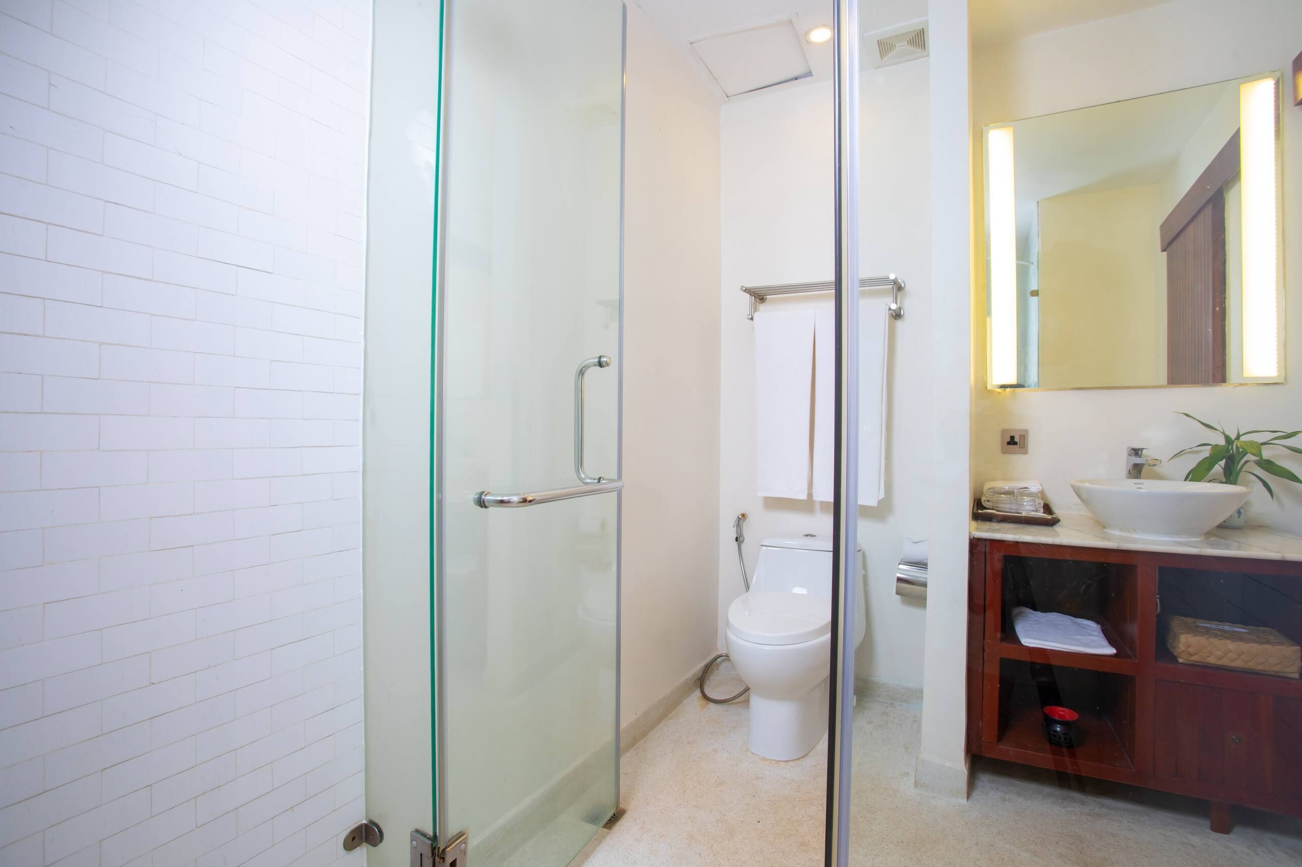 Een badkamer met een douchecabine van glas, een wit toilet, een wastafel met spiegel en een houten wastafelmeubel.