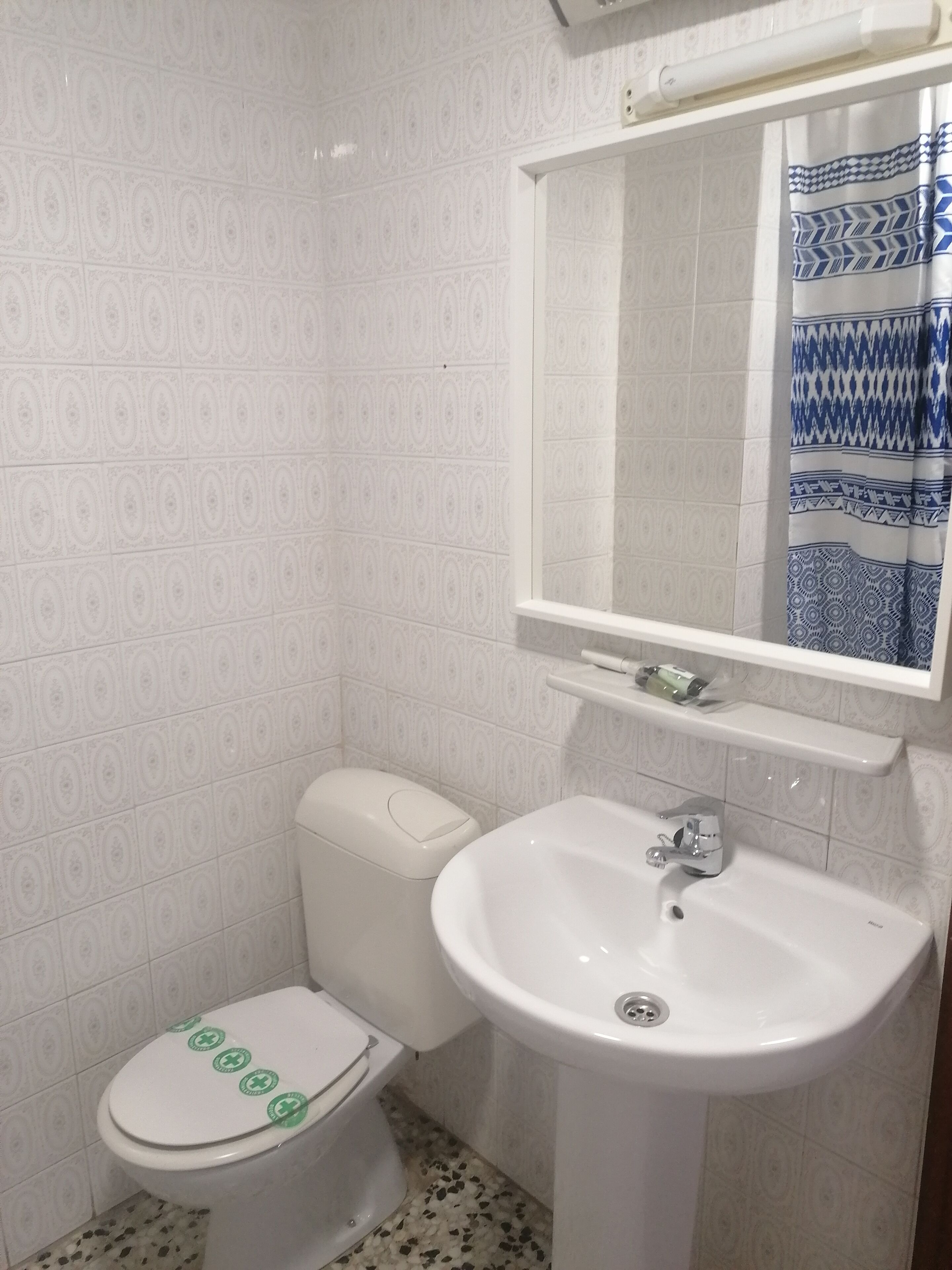 Un baño con inodoro, lavabo y espejo.