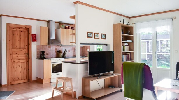 A compact living space with a kitchenette, a television, and a bookshelf. - Cozy home in ålem with kitchen (Ålem)