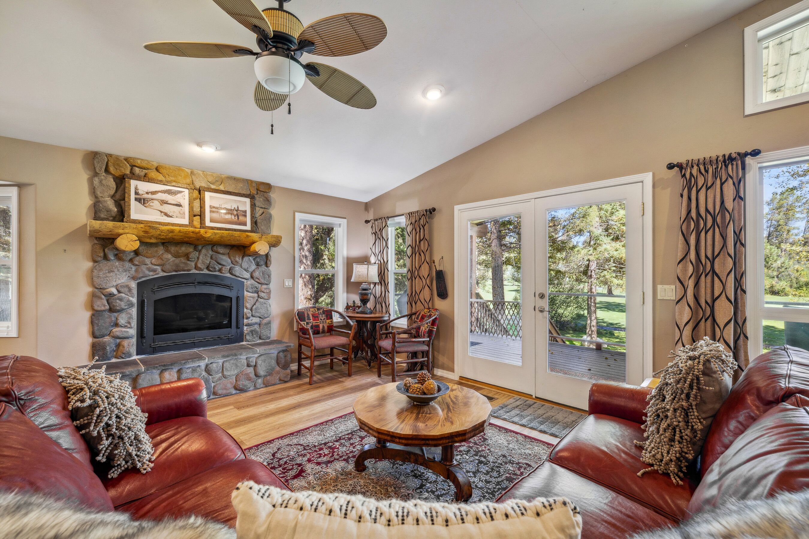 TV, fireplace, books
