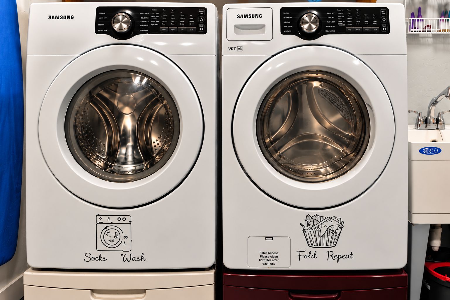 Two white front-loading washing machines with control panels, one labeled 'Socks Wash' and the other 'Fold Repeat.'