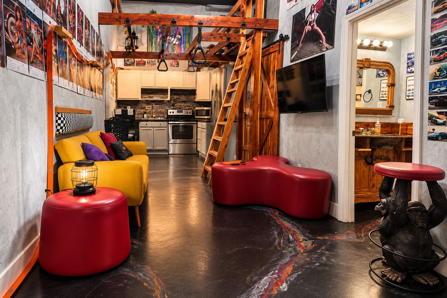 A modern interior with a kitchen, a yellow sofa, red ottomans, and a unique sculpture.