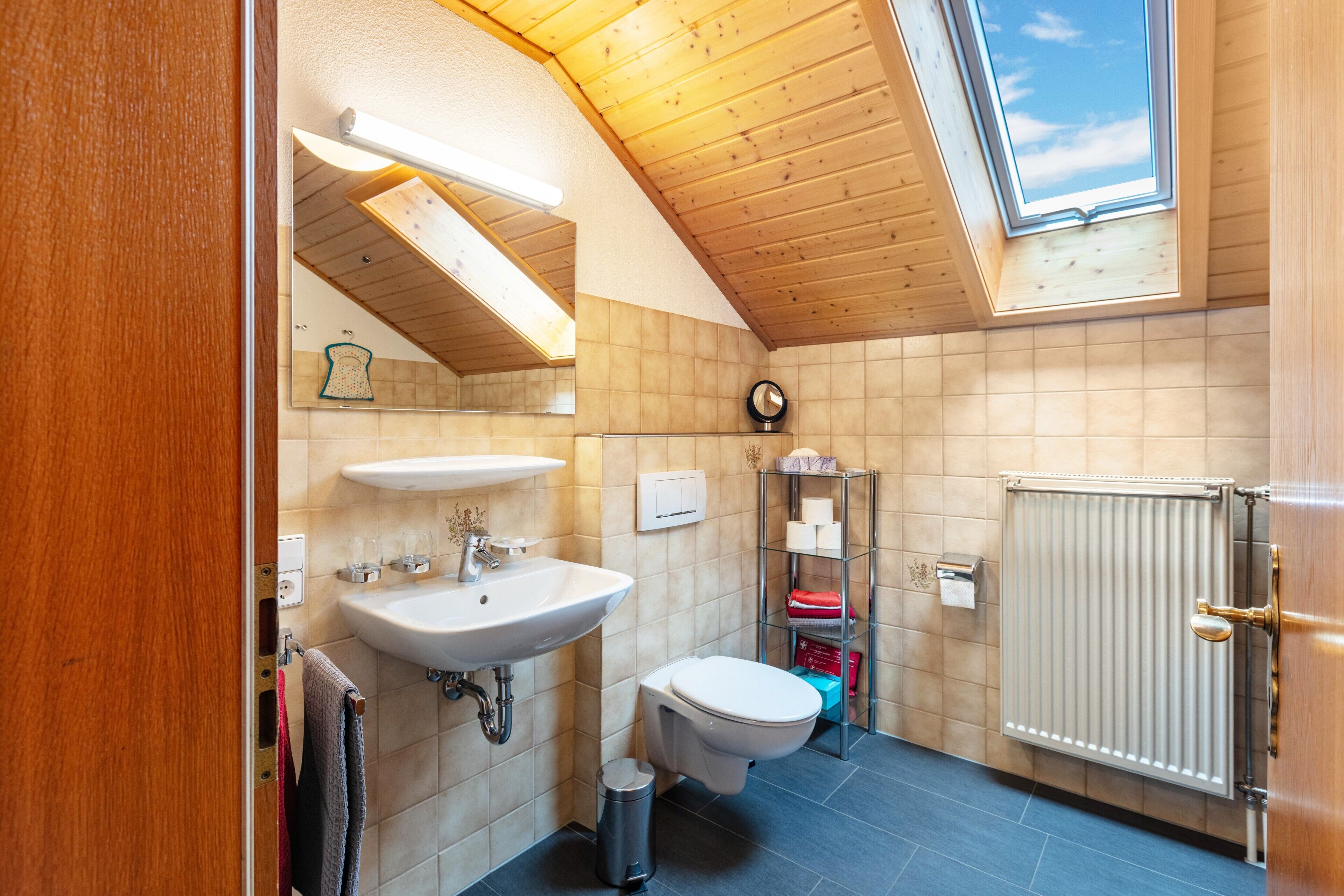 A modern bathroom with a skylight, a sink, a toilet, and a radiator.