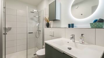 Regadera, secadora de cabello, toallas