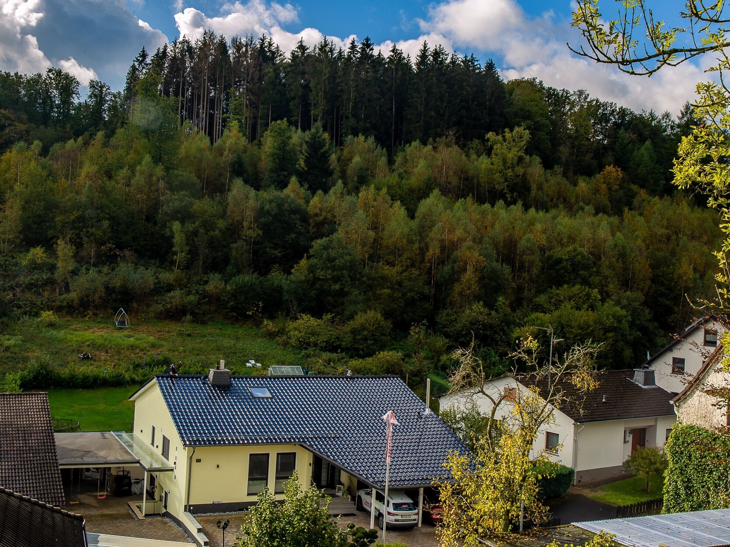 A residential area with houses, a clear sky, and a forested hill in the background.