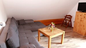 A living room with a grey sofa, a wooden coffee table, a wooden cabinet, and a television. - Apartment 'Ferienwohnung 3, 70 Qm' with Shared Garden, Balcony and Wi-Fi (Owingen)