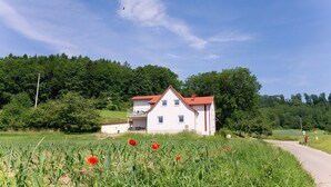 Uma casa branca com telhado vermelho, cercada por um campo verde e árvores.