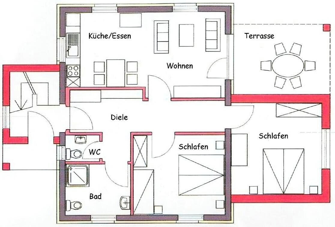 Ein Grundriss mit Küche, Essbereich, Wohnzimmer, Bad und zwei Schlafzimmern.