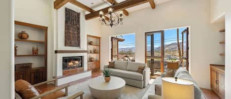 Smart TV, fireplace, books, printers