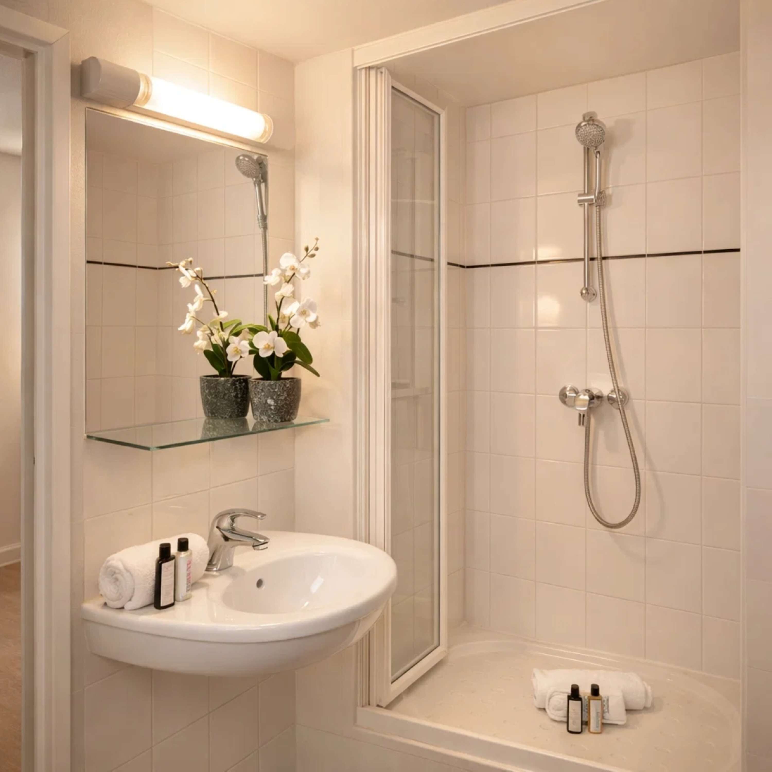 Douche, sèche-cheveux, serviettes fournies, savon