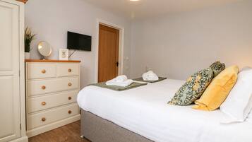 A bedroom with a bed, a dresser, a television, and a door.