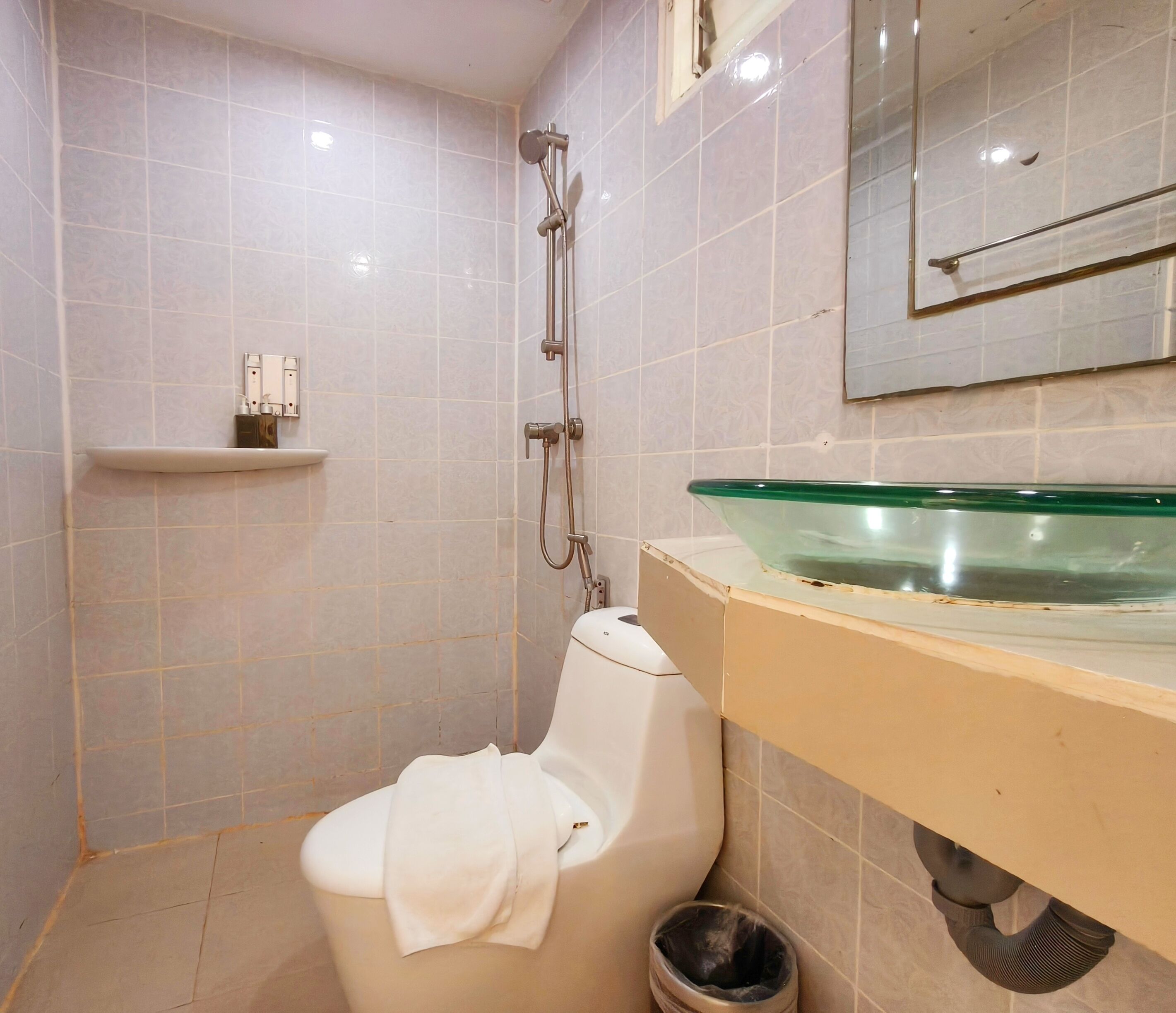 A bathroom with a toilet, a glass basin sink, a shower, and a small shelf with toiletries.