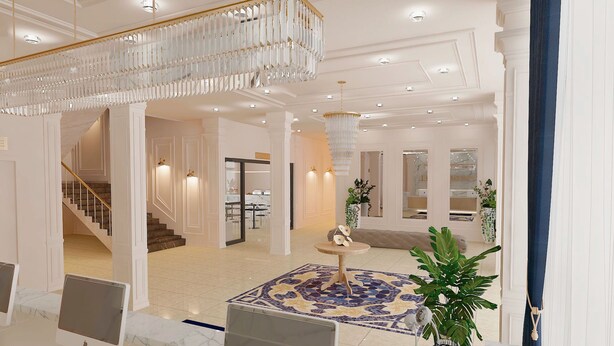 A spacious lobby with a grand chandelier, a marble floor, and a central seating area with a patterned rug. - Hypnose Hotel (Lubumbashi)