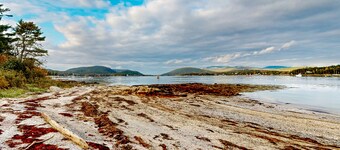 Dog-friendly ocean-view home with grill, wood stove, deck, washer/dryer, & AC