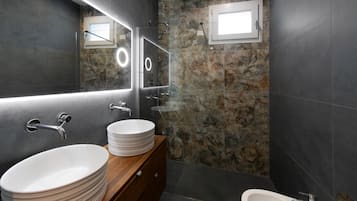 Hair dryer, bidet, towels, soap