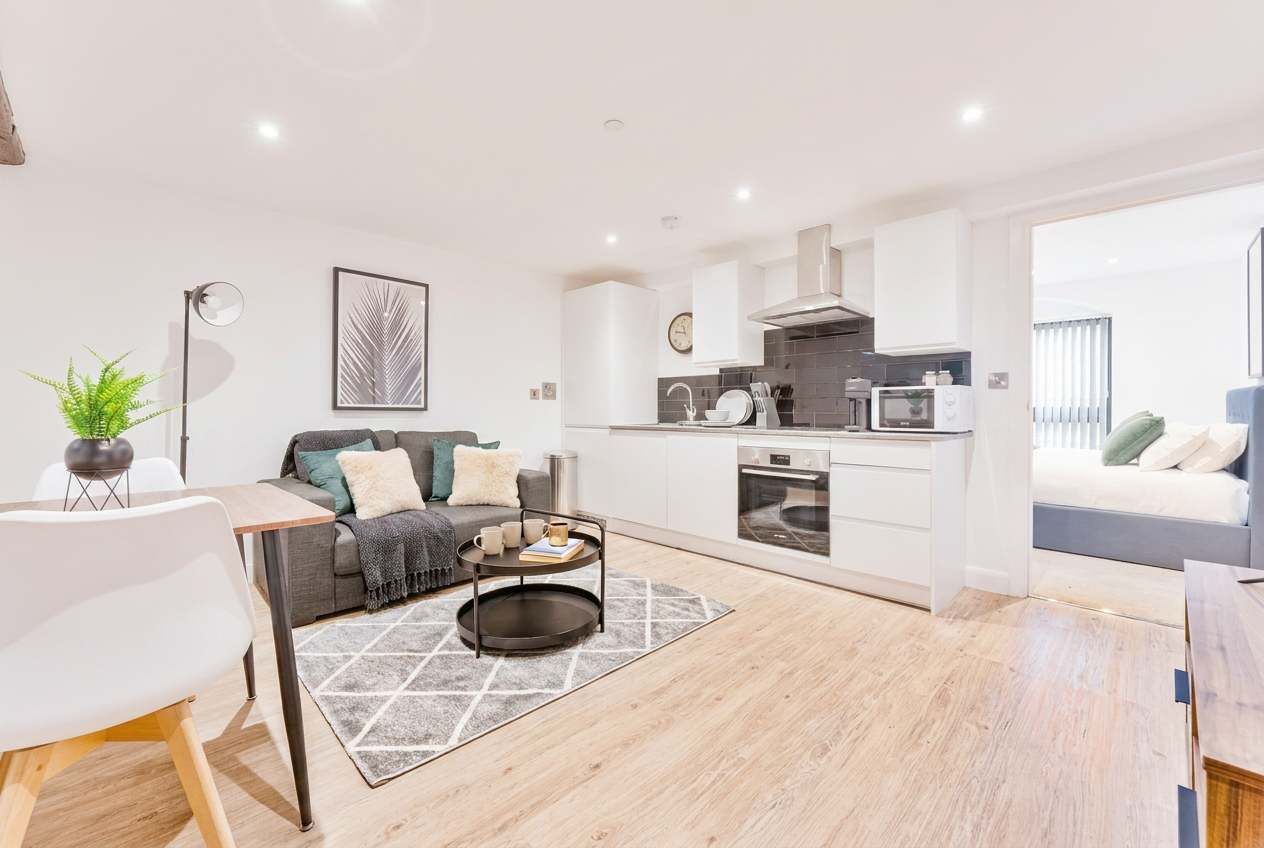A modern apartment with a living room, kitchen, and a bedroom.