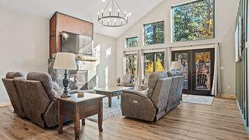 Smart TV, fireplace, books