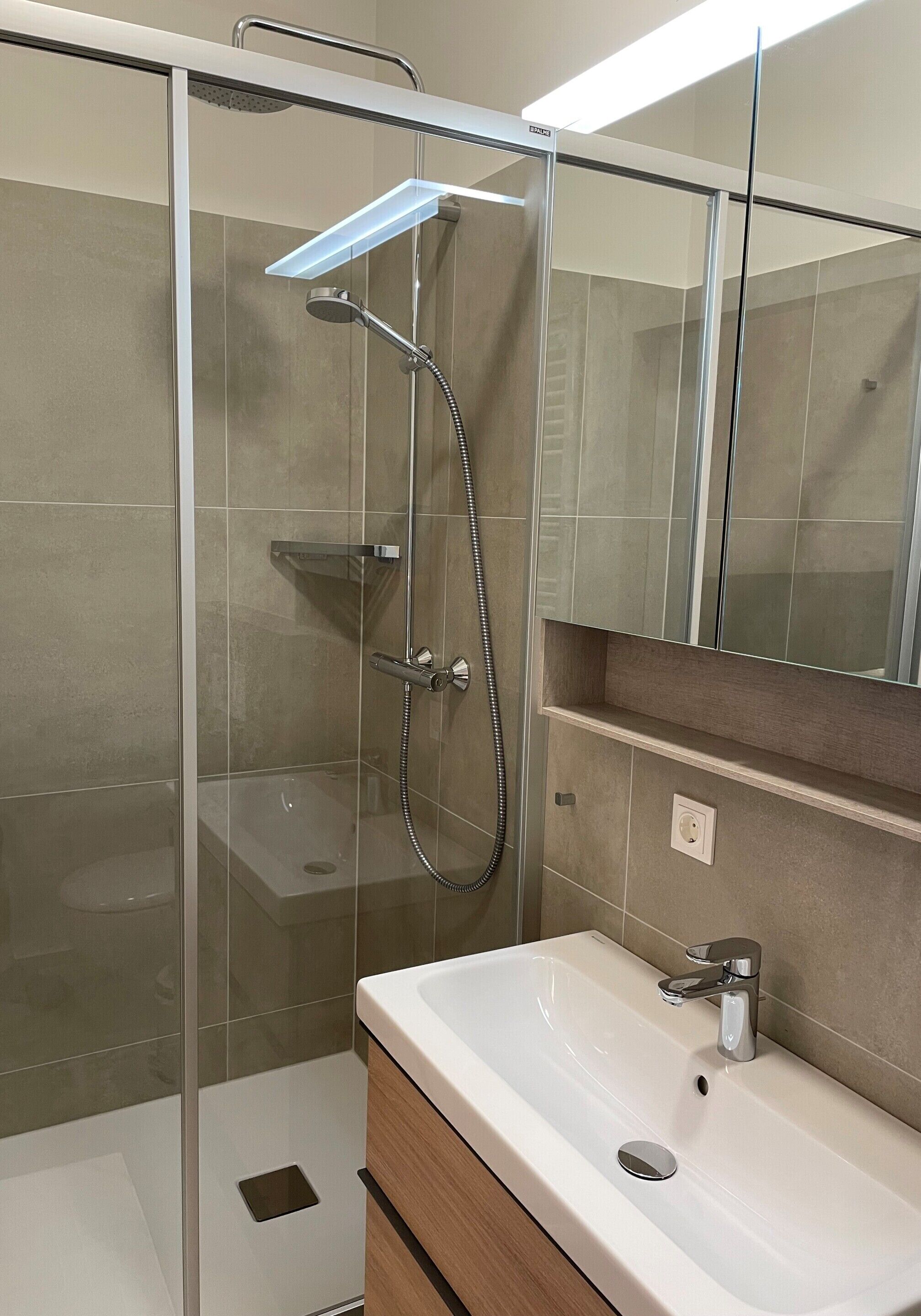 A modern bathroom with a glass-enclosed shower, a white sink, and a mirror above the sink.