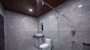 A modern bathroom with a glass shower enclosure, a white sink, and a toilet. - India Hotel - Mall Road Nainital - Lake View (Nainital)