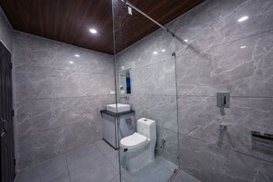 Et moderne badeværelse med en brusekabine i glas, en hvid vask og et toilet.
