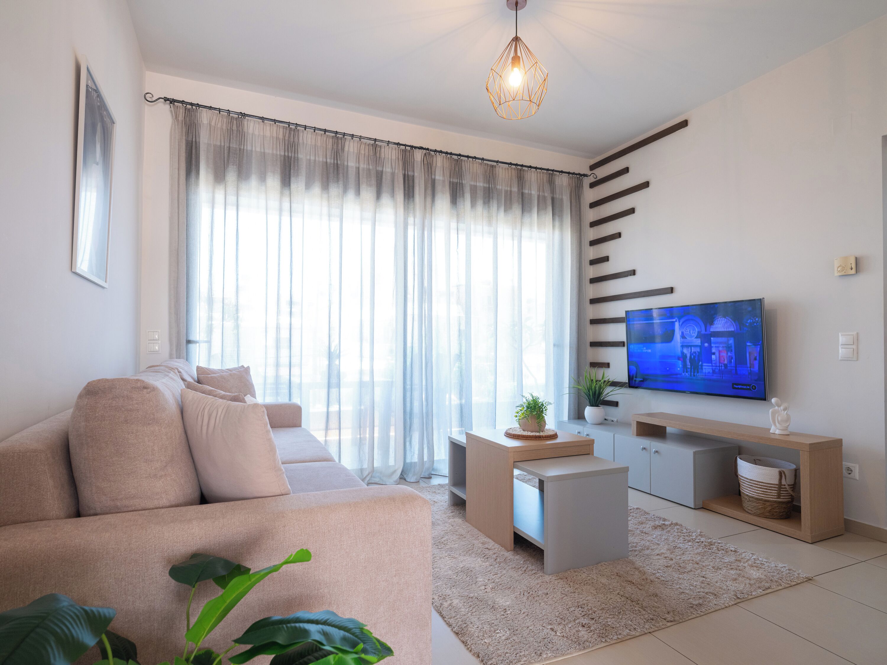 Un soggiorno moderno con divano, tavolino, televisore e piante decorative.