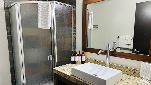 Un bagno con doccia vetrata, lavandino bianco e un ampio specchio.