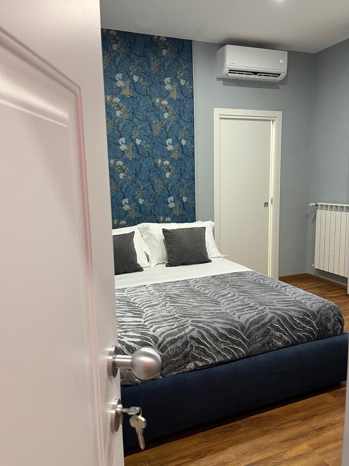 Una camera da letto con un letto, una porta, un condizionatore d'aria e un termosifone.