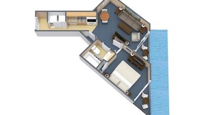 A 3D layout of a boat's interior with a living area, dining space, and a bedroom. - 14th Floor Ocean View Junior Suite Beautiful Views (Myrtle Beach)