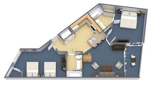 Ein 3D-Grundriss eines Hotelzimmers mit Bett, zwei Sitzbereichen, einem Badezimmer und einer kleinen Küchenzeile.