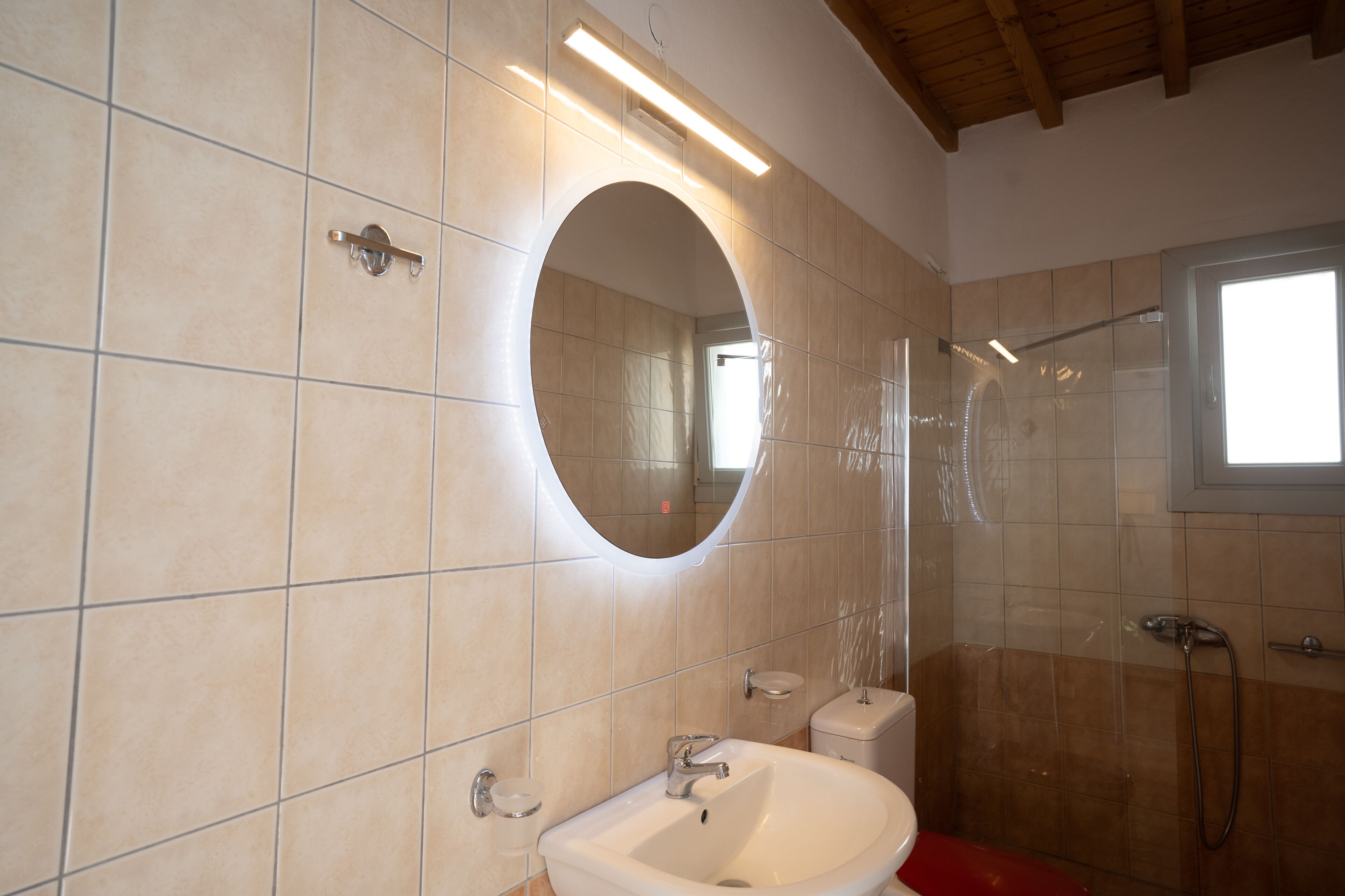 A bathroom with a sink, mirror, and shower.