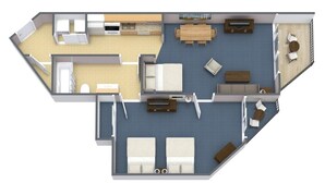 Grundriss einer 2-Zimmer-Wohnung mit Küche, Essbereich und kleinem Balkon.