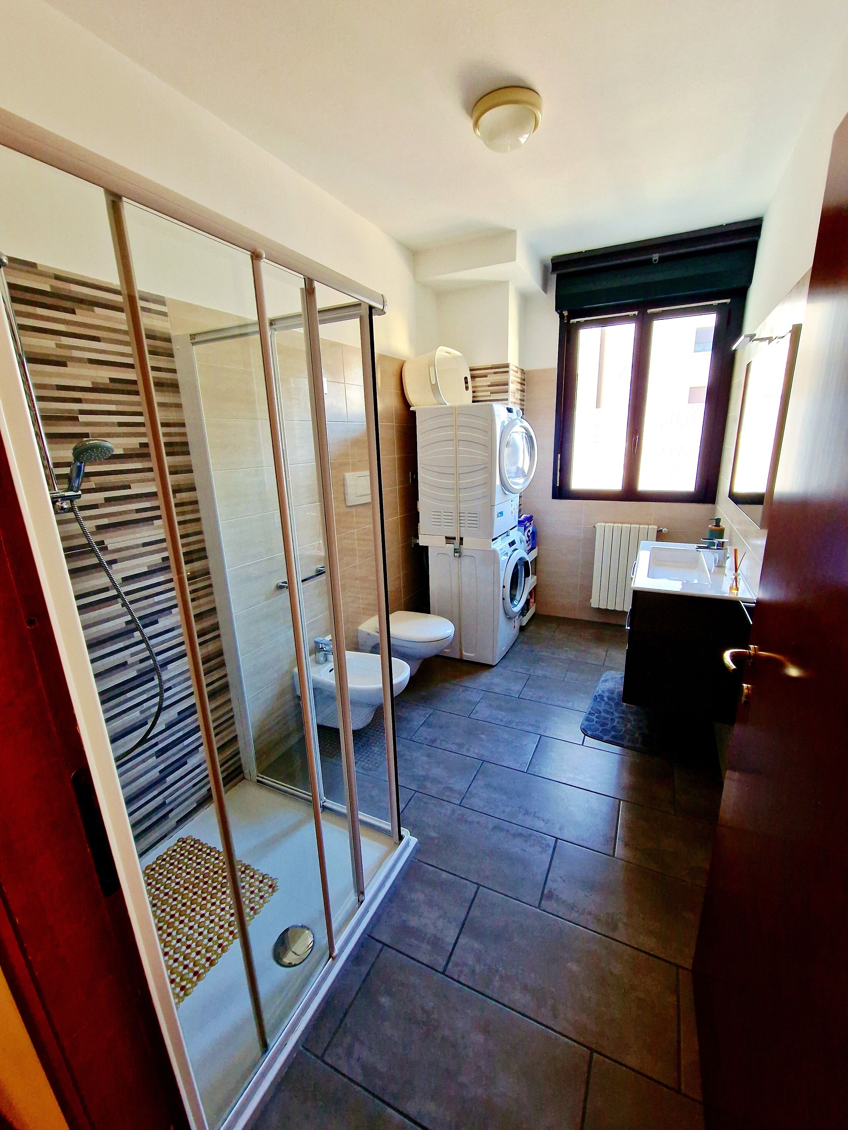 Shower, hair dryer, bidet, towels