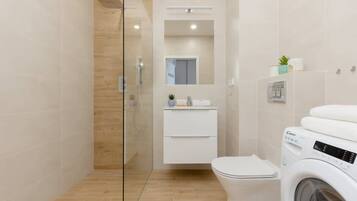 Shower, hair dryer, shampoo
