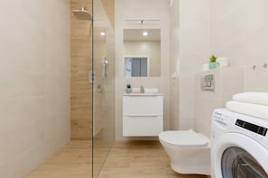 Shower, hair dryer, soap, shampoo