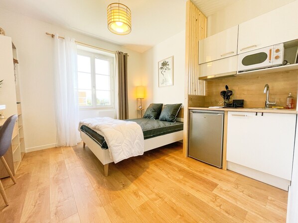 1 slaapkamer, een strijkplank/strijkijzer, wifi, beddengoed