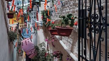 Un callejón estrecho con macetas y adornos colgantes.
