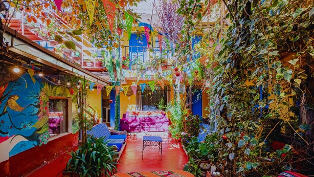 Un patio vibrante y lleno de color, con diferentes zonas de estar, plantas y un mural en las paredes.