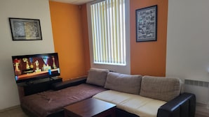 A living room with a sofa, a television, and a coffee table.