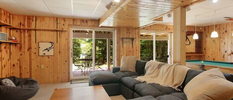 Smart TV, fireplace, books