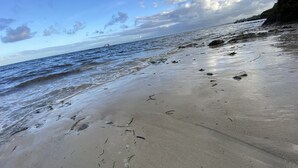 A beach with a boat in the distance, waves, and scattered debris on the sand. - Lux Suites Eden Seafront Apartments (Mombasa)
