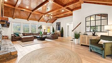 Smart TV, fireplace, video games, foosball