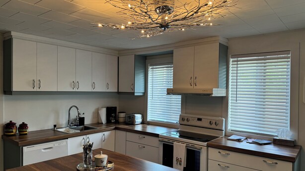 Una cocina moderna con armarios blancos, una isla de madera y una lámpara colgante original.