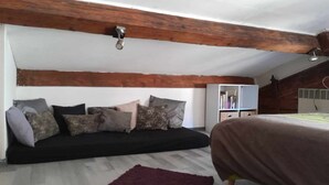 Une chambre avec un lit en mezzanine, un canapé-lit et un plafond en bois.